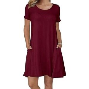 AUSELILY Women's Long Sleeve Pockets Casual Swing T-Shirt Red wine Dress Size S